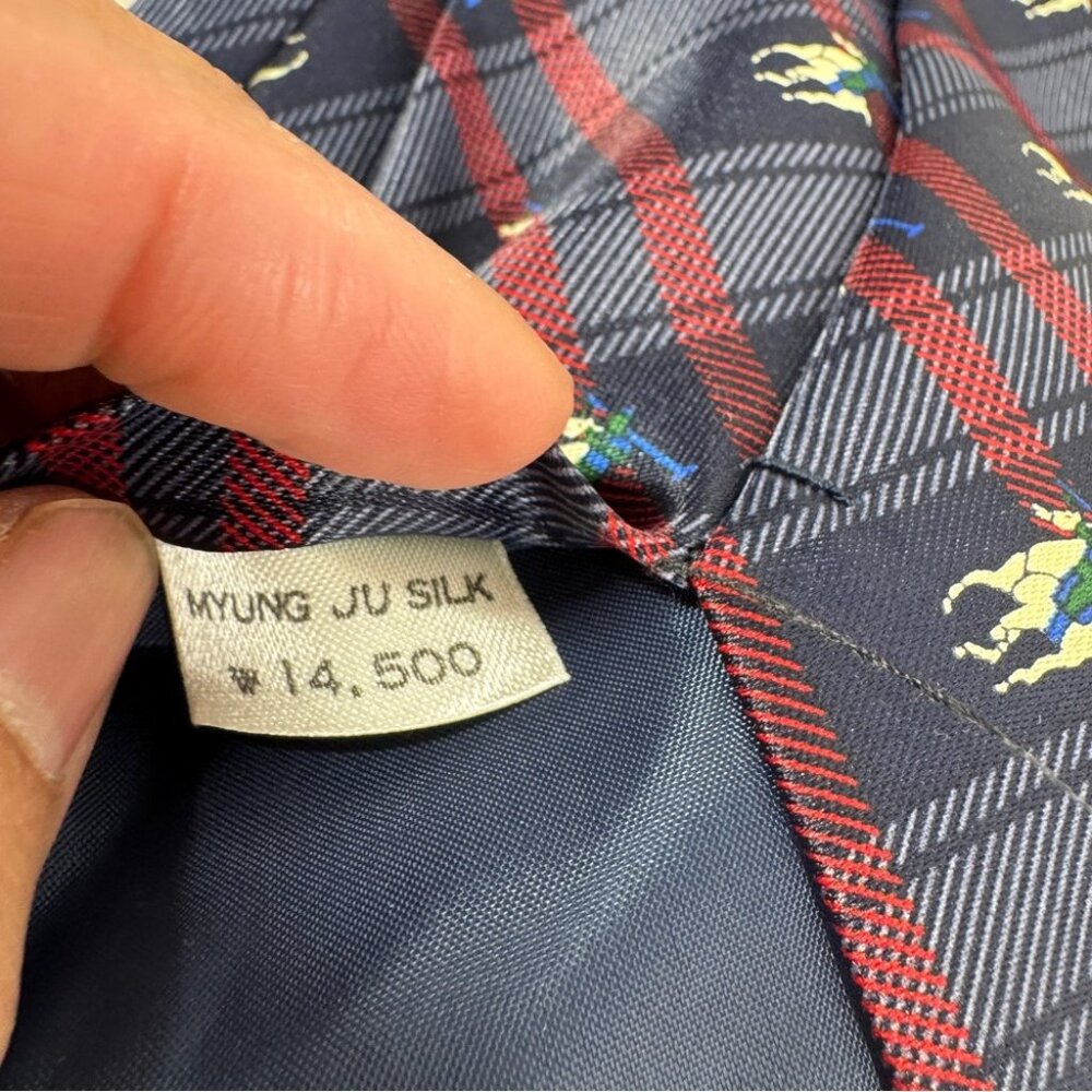 René Chagal Silk Polo Horse Tie Navy Plaid Equestrian Designer Necktie - Picture 7 of 12